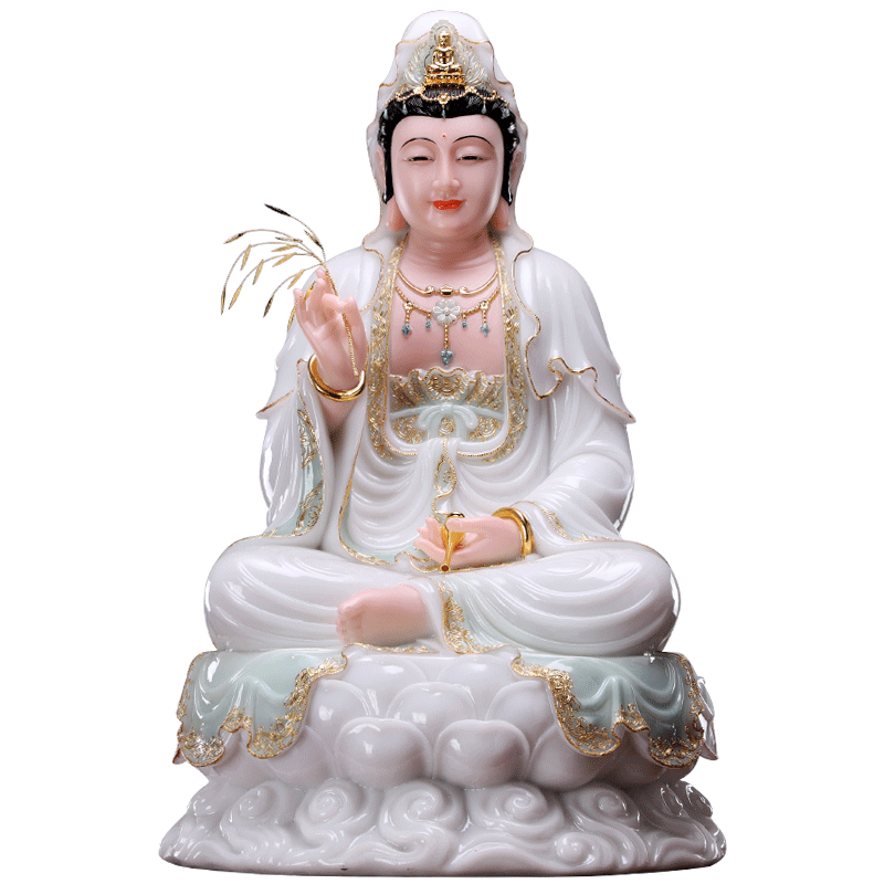 圆通佛具 汉白玉观音佛像 供奉 家用南海观世音菩萨 玉石观音摆件