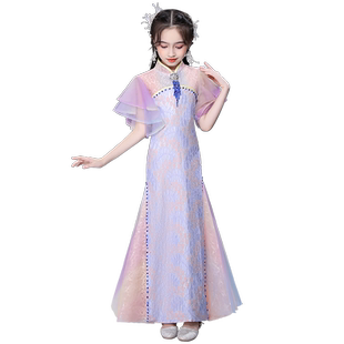 儿童礼服公主裙女童高端走秀国潮服装主持人古筝新中式旗袍演出服
