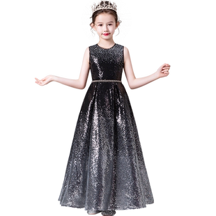 儿童演出服女童高端礼服气质走秀小主持人黑色亮片长裙大童晚礼服
