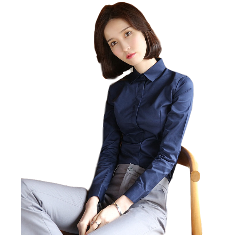 宝蓝色职业衬衫女长袖春秋新款修身通勤面试气质工装女士白色衬衣
