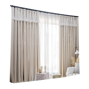 2023新款窗帘挂钩式镂空星星网红卧室少女公主风布纱一体双层遮光