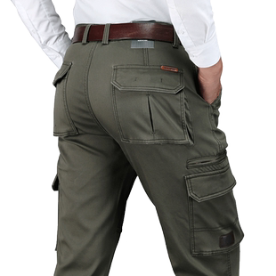 2025冬季加绒加厚大码宽松工装裤男时尚中腰直筒纯色多袋裤子潮