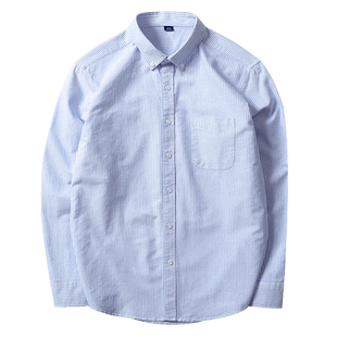 秋季抗皱蓝白竖条纹衬衫男潮纯棉长袖衬衣日系宽松全棉直格纹寸衫