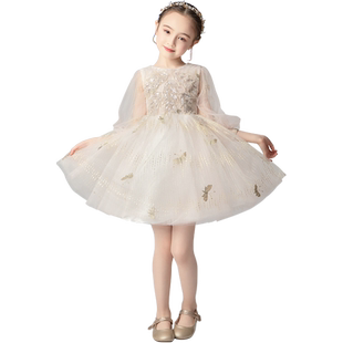 儿童公主裙小孩蓬蓬花童婚纱晚礼服长袖主持人女童钢琴演出服洋气