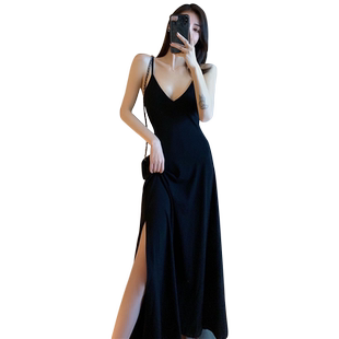 法式黑色高级感绝美礼服性感开叉裙子收腰深V吊带连衣裙长裙女夏