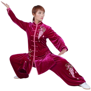 太极拳服装金丝绒刺绣太极服秋冬季不倒绒南韩绒练功服长款女定做