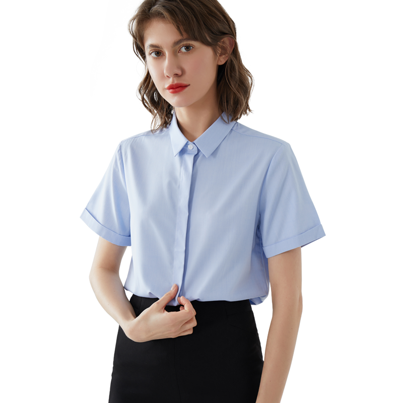 宿·色職業(yè)白襯衫女工作服短袖正裝上衣藍(lán)色公務(wù)員面試服裝襯衣