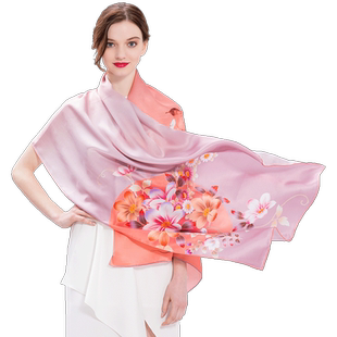 宝石蝶真丝围巾春秋桑蚕丝长巾旗袍披肩丝巾礼盒包装/清晨百合