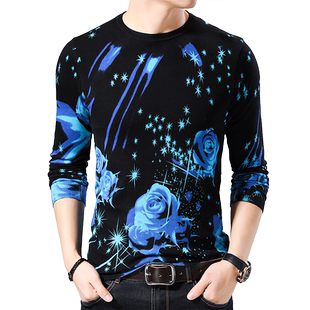 男士长袖t恤印花秋冬图案棉个性潮打底花体恤男装加绒毛衣针织衫