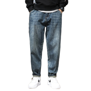 春季美式水洗牛仔裤男士宽松大码哈伦裤潮牌休闲复古小脚直筒长裤