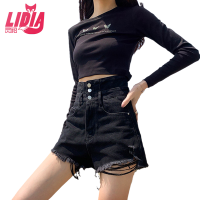 黑色新款破洞a字辣妹牛仔短裤