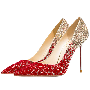 HLTINO婚鞋红色高跟鞋女2025年春季新款浅金亮片细跟尖头10CM单鞋