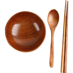 实木碗成人家用儿童宝宝日式纯手工套装餐具漆复古大号加厚饭碗