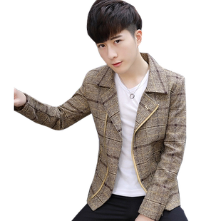 秋冬季短款格子风衣男韩版西装青年英伦潮流帅气呢子大衣男装外套
