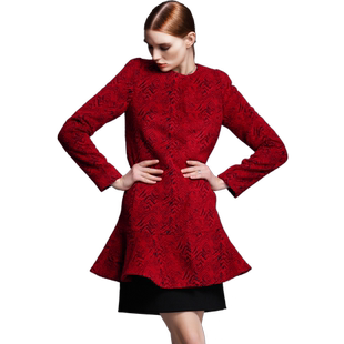 悦空间短款羊毛呢大衣外套修身红色圆领时尚高端原创春秋女式外套