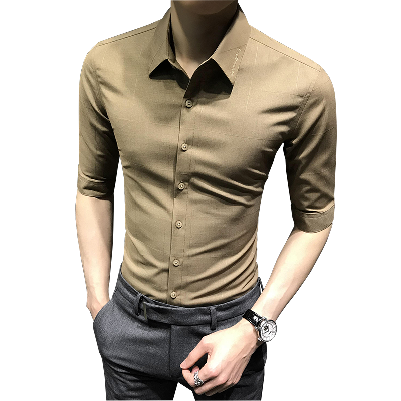 夏季2025新款襯衫男短袖高級七分男士中袖襯衣修身商務(wù)休閑男裝寸