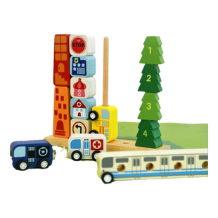 imtoy泰国进口城市交通工具建筑穿插穿绳积木制数数算术车车玩具