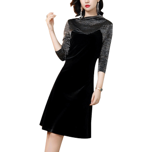 金丝绒连衣裙2026年春秋新款女轻奢名媛高领气质撞色亮丝长袖裙子