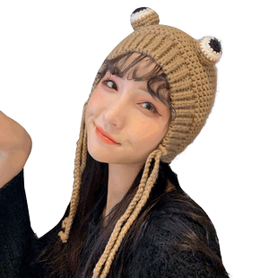 青蛙护耳帽秋冬季可爱卡通针织ins风毛线儿童保暖耳罩头套女帽子