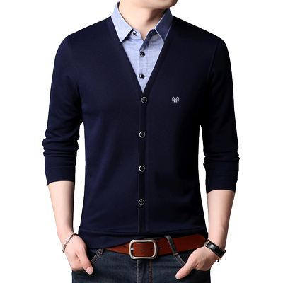 恒源祥加绒t恤领假两件套针织衫