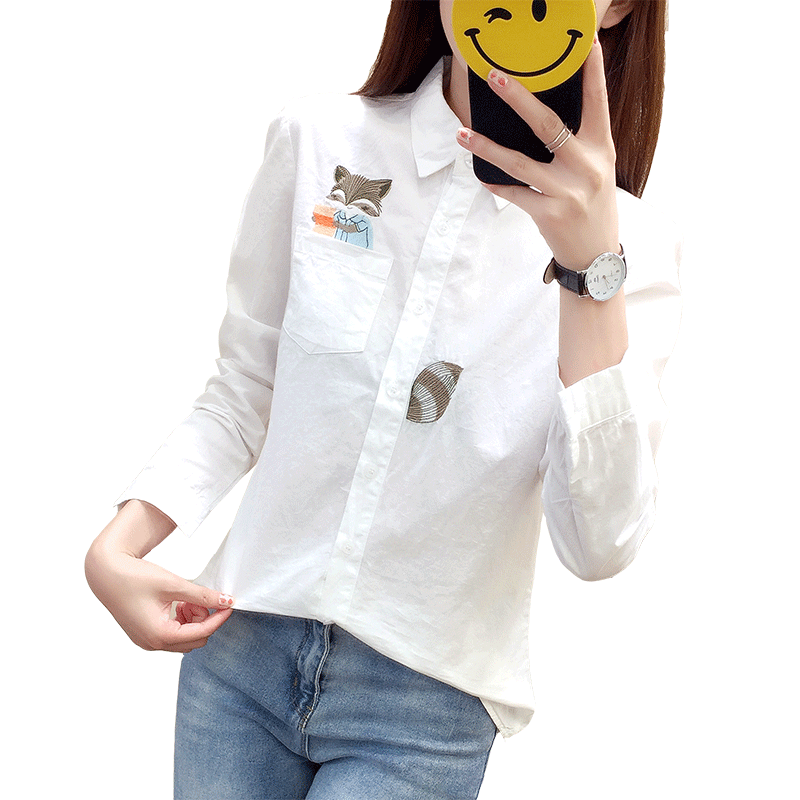 2025春秋新款白色简约刺绣长袖内搭衬衫女韩版学生小清新打底上衣