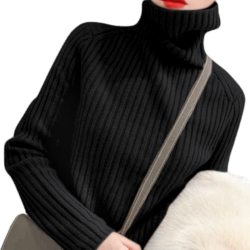 黑色坑條高領(lǐng)毛衣女針織打底衫秋冬加厚加絨寬松內(nèi)搭2022新款女士