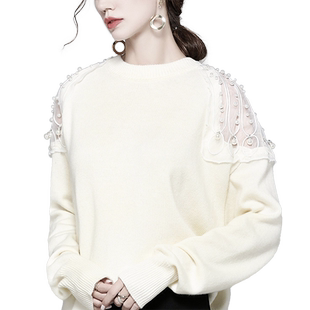 轻奢重工！纯羊毛欧根纱性感露背重工钉珠宽松白色洋气针织衫毛衣