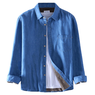 莎芭绮冬男纯棉竹节牛仔加绒保暖衬衫长袖男加绒加厚牛仔保暖衬衣