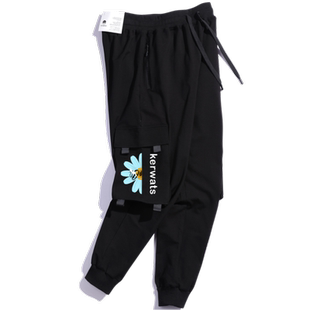 KERWATS工装裤男小菊花雏菊潮流印花大码运动青少年黑色束脚卫裤