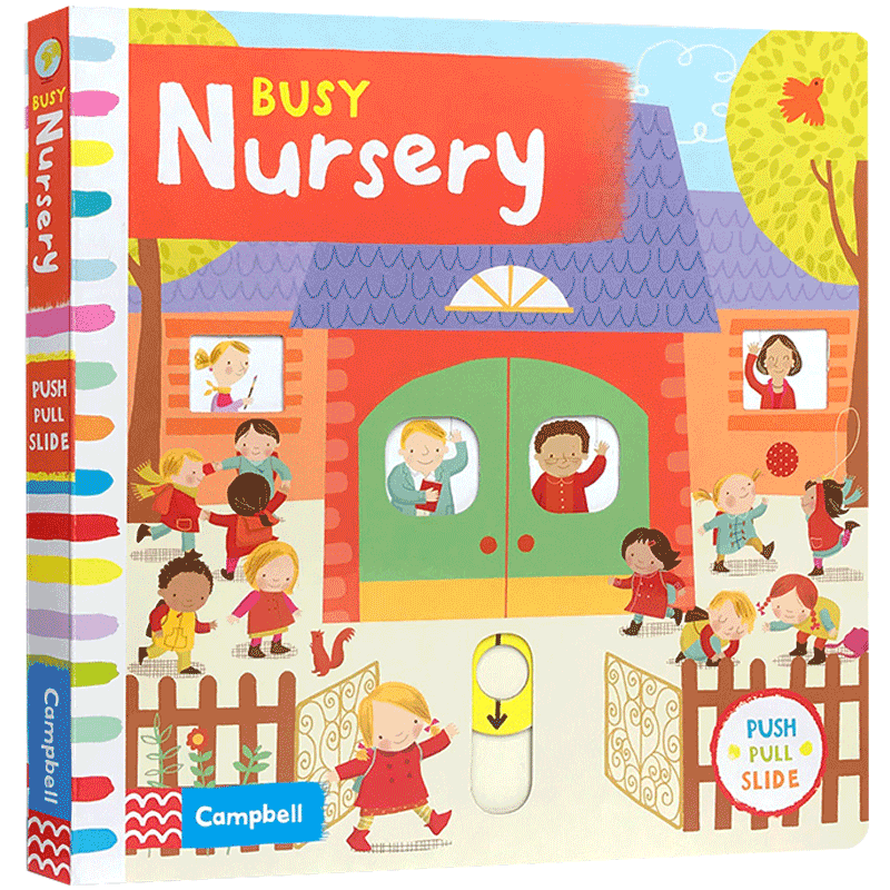 新版 busy school 英文原版绘本Busy系列 Nursery 繁忙的托儿所 推拉机关玩具操作纸板书认知绘本 翻翻书学前益智童书