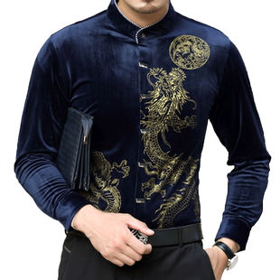冬季男士长袖衬衫加绒印花衬衣中年商务休闲金丝绒寸衫男中国风