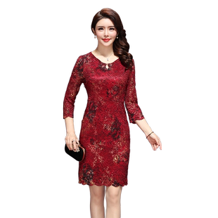 香妮芬2025春季新款蕾丝刺绣花色连衣裙中年气质修身一步裙妈妈装