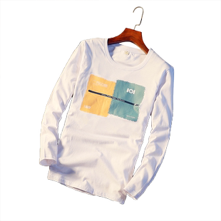 男士长袖t恤纯棉韩版潮流印花男装上衣服白色体恤潮牌春季打底衫