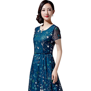 古贝莎品牌高端女装夏新款礼服妈妈连衣裙绣花刺绣短袖中年长裙子