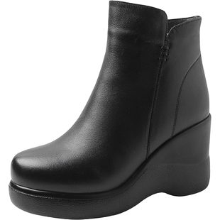 真皮松糕坡跟短靴2025秋冬新款牛皮高跟厚底马丁靴舒适女靴棉靴子