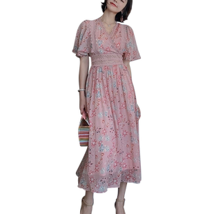 碎花雪纺甜美连衣裙夏装2026新款修身显瘦小个子女超仙清新初恋裙