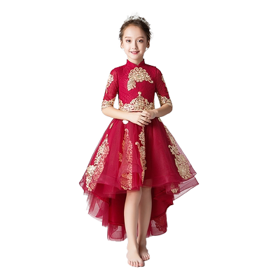 红色小女孩婚礼长袖钢琴演出服