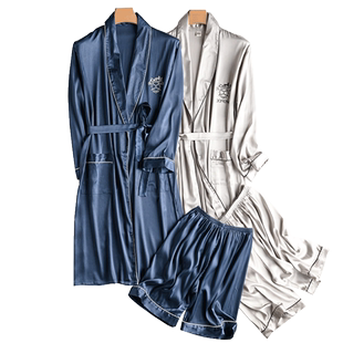 男士春秋冰丝长袖睡袍套装夏季薄款凉感丝绸睡衣男中长款浴袍浴衣