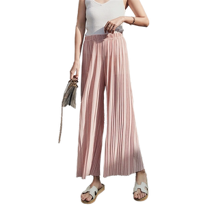 夏季雪纺百褶阔腿裤女九分高腰垂感直筒宽松薄款防蚊大码冰丝裙裤