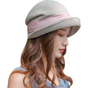 复古优雅草编钟形帽海边透气日本遮阳逛街出游褶皱翘边草帽女春夏