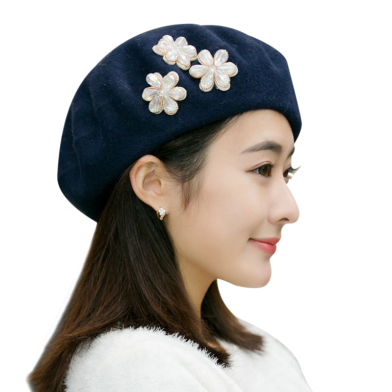 帽子女秋冬天英伦贝雷帽韩版羊毛呢画家日系手缝花朵蓓蕾帽八角帽