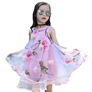 女童连衣裙2026新款夏装洋气裙子雪纺欧根纱吊带淑女碎花中大童潮
