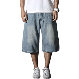 蜜丘琳夏复古牛仔裤男宽松浅蓝7分裤街舞嘻哈HIPHOP/BBOY肥大短裤