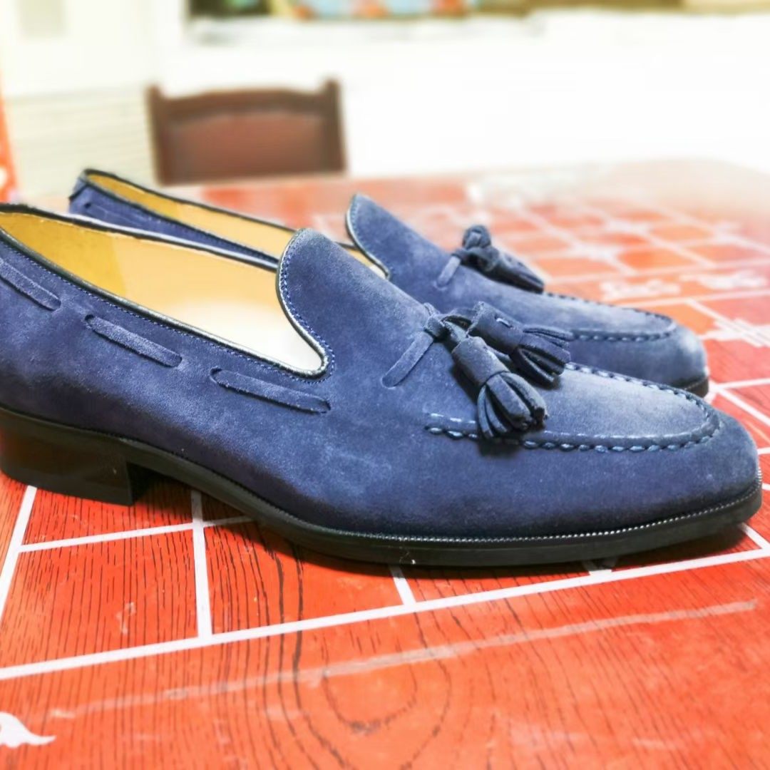 流苏乐福鞋tasseled loafers蓝色翻毛牛皮商务休闲套脚鞋