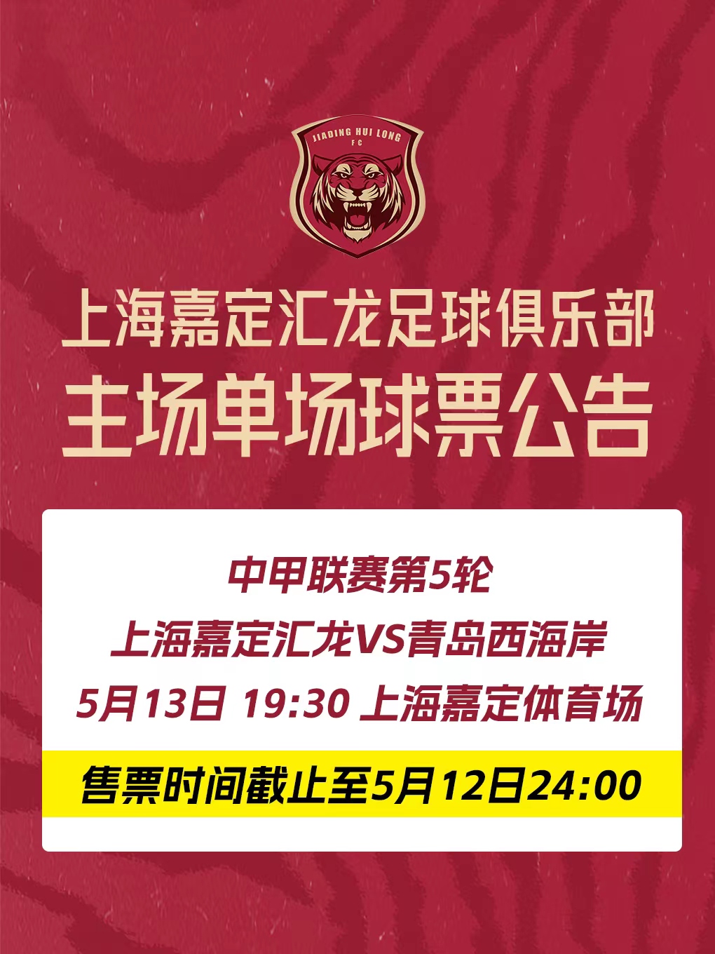 上海嘉定汇龙足球俱乐部2023赛季主场票