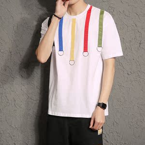 日系复古短袖T恤男潮贴布条纹美式纯棉T恤大码男T917-P35图片