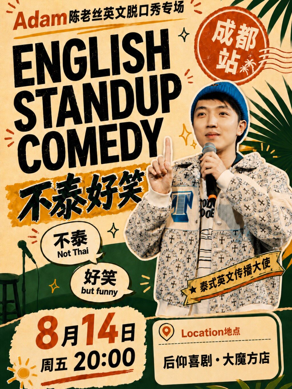 【成都】Adam陈老丝｜英文单口喜剧专场《不泰好笑》@追光灯喜剧spotlight