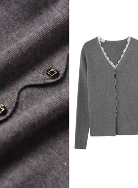 【甜甜专享】外穿V领小香风针织开衫宽松长袖蕾丝毛衣外套