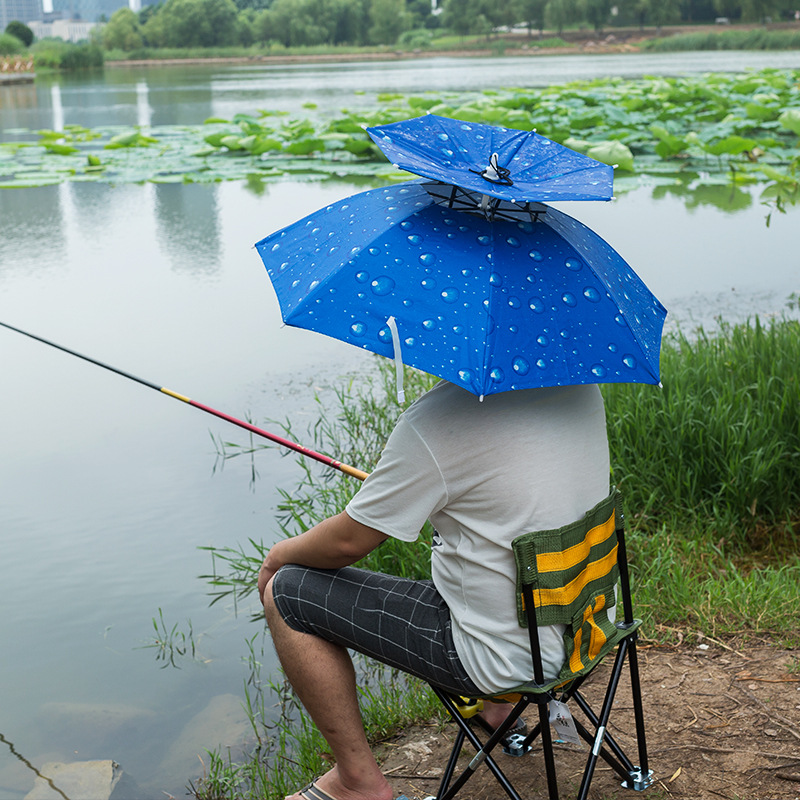 2023新款双层防风防紫外线钓鱼伞帽头戴雨伞防晒折叠头伞遮阳伞帽