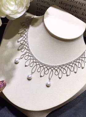 气质优雅蕾丝项链纯银时尚复古大气时尚吊坠女天然珍珠9-10mm